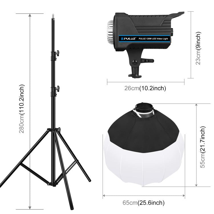 PULUZ 220V 150W 3200K-5600K Luce video da studio + supporto luce da 2,8 m + kit fotografico Softbox lanterna pieghevole da 65 cm, 120W 2700K-6500K Light 2.8m Light Holder Kit EU Plug, 120W 2700K-6500K Light 2.8m Light Holder Kit UK Plug                ...