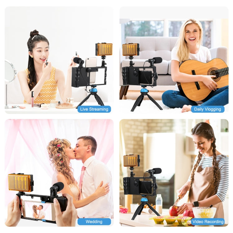 PULUZ 4 in 1 Bluetooth Vlogging portatile Trasmissione in diretta LED Selfie Light Kit di attrezzatura video per smartphone con microfono + supporto per treppiede + testa per treppiede con slitta fredda per iPhone, Galaxy, Huawei, Xiaomi, HTC, LG, Goog...