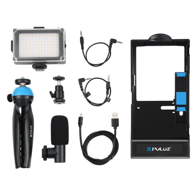 PULUZ 4 in 1 Bluetooth Vlogging portatile Trasmissione in diretta LED Selfie Light Kit di attrezzatura video per smartphone con microfono + supporto per treppiede + testa per treppiede con slitta fredda per iPhone, Galaxy, Huawei, Xiaomi, HTC, LG, Goog...