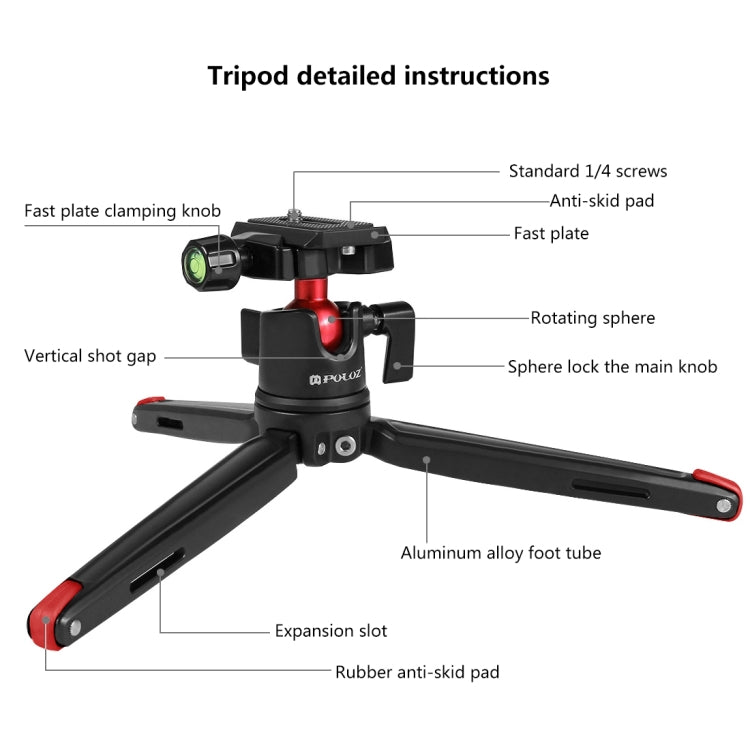 PULUZ Mini treppiede da tavolo tascabile in metallo con testa a sfera a 360 gradi per DSLR e fotocamere digitali, altezza regolabile: 11-21 cm, Desktop Tripod with Head