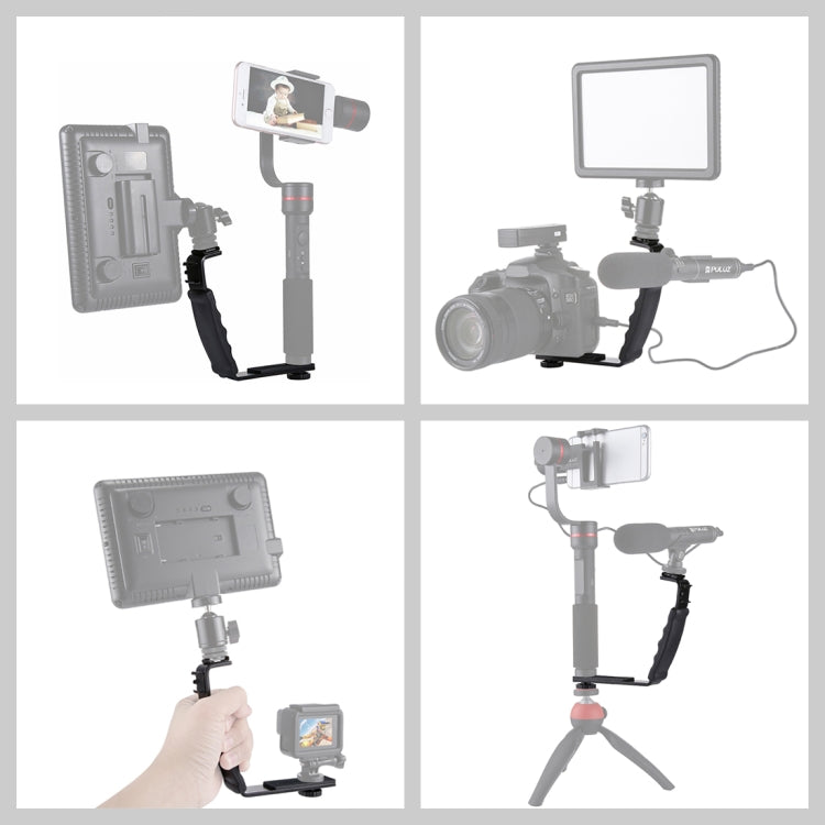 Supporto per impugnatura portatile con staffa a forma di L PULUZ con supporti per pattino freddo a doppio lato per flash video, fotocamera DSLR, Bracket