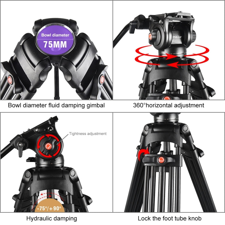 PULUZ Treppiede professionale per videocamera resistente in lega di alluminio con testa fluida per fotocamera DSLR/SLR, altezza regolabile: 80-160 cm