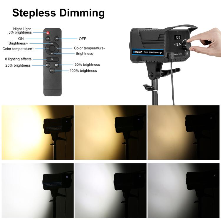 PULUZ 220V 150W Luce video da studio 3200K-5600K Sistema di dissipazione del calore integrato a doppia temperatura di colore con telecomando, 120W 2700K-6500K EU Plug, 120W 2700K-6500K UK Plug, 120W 2700K-6500K US Plug