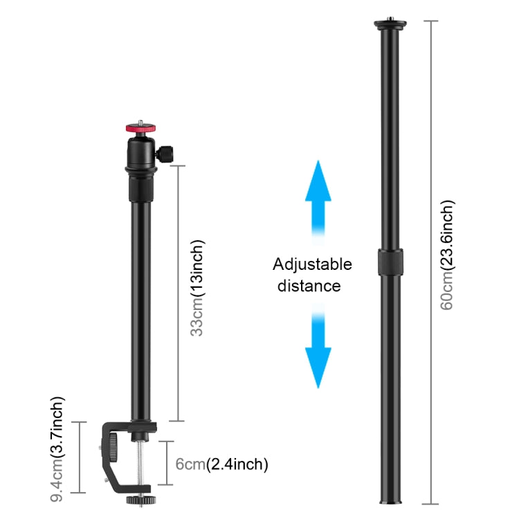 PULUZ C Morsetto Supporto per lampada Estensione per albero centrale Kit supporto per monopiede con testa a sfera, Lunghezza asta: 33-60 cm, C Clamp Extension Rod with Ball-Head