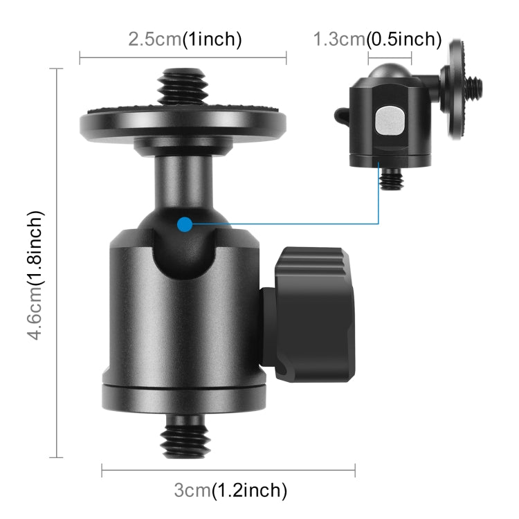 PULUZ Adattatore per testa a sfera per treppiede in metallo con vite esterna da 1/4 di pollice con blocco della manopola, 1/4 inch Outer Screw