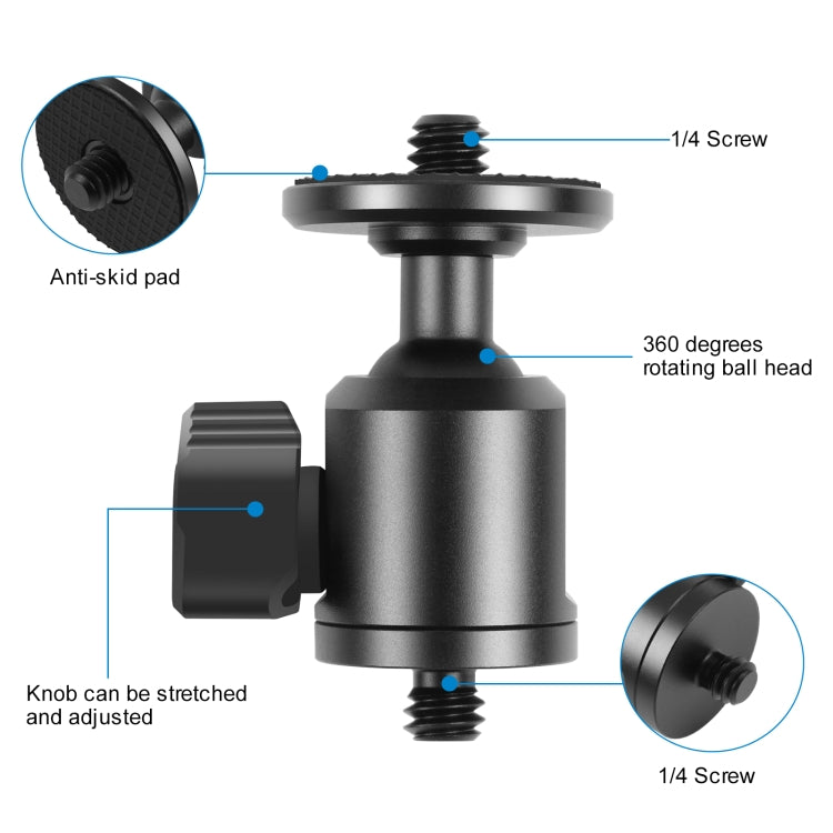 PULUZ Adattatore per testa a sfera per treppiede in metallo con vite esterna da 1/4 di pollice con blocco della manopola, 1/4 inch Outer Screw