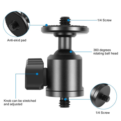 PULUZ Adattatore per testa a sfera per treppiede in metallo con vite esterna da 1/4 di pollice con blocco della manopola, 1/4 inch Outer Screw