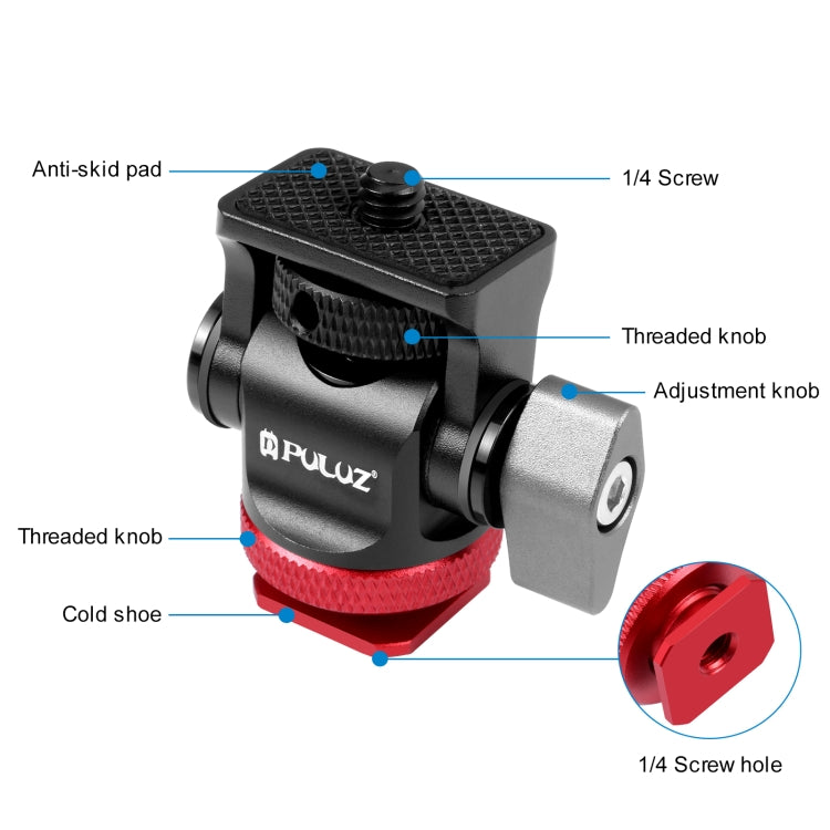 Adattatore per montaggio su scarpa fredda con testa a sfera per treppiede oscillante Mini PULUZ da 180 gradi, Mini 180 Degree Ball Head(Red), Mini 180 Degree Ball Head(Silver)