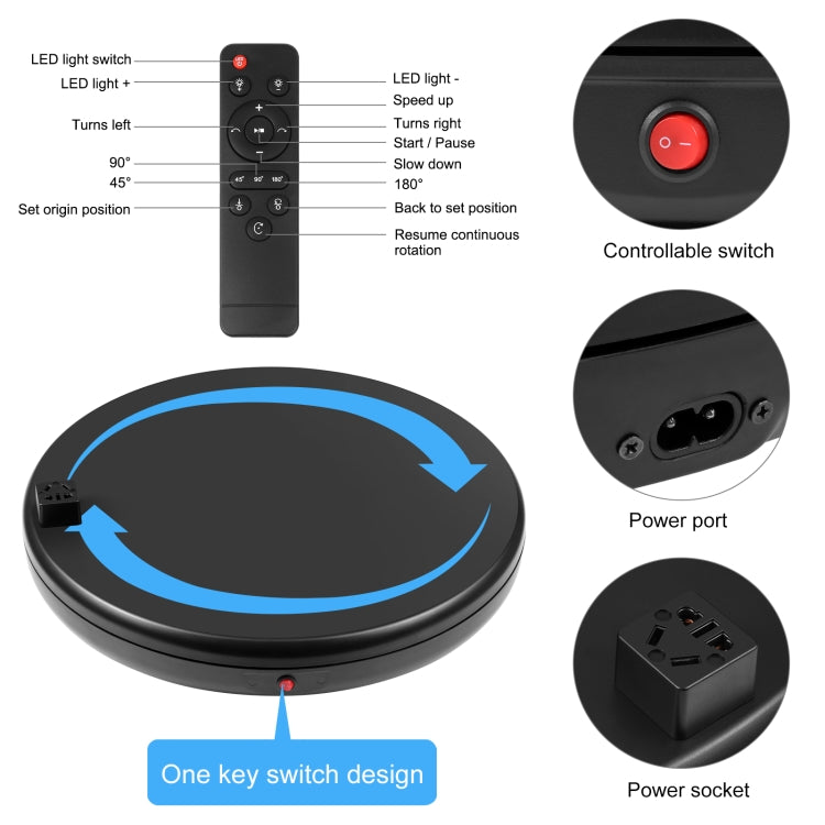 PULUZ Espositore per giradischi rotante con regolazione della velocità da 45 cm, con presa di corrente, nero, carico 100 kg, 45cm Load 100kg Black US Plug with Power Socket, 45cm Load 100kg Black UK Plug with Power Socket�������������������������������...