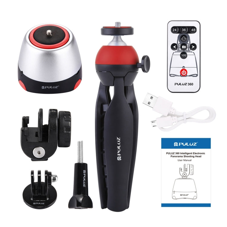 PULUZ Testa panoramica elettronica con rotazione di 360 gradi + Supporto per treppiede + Morsetto GoPro + Morsetto per telefono con telecomando per smartphone, GoPro, fotocamere DSLR