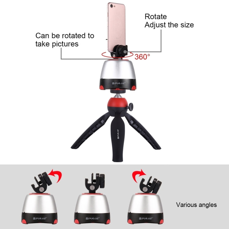 PULUZ Testa panoramica elettronica con rotazione di 360 gradi + Supporto per treppiede + Morsetto GoPro + Morsetto per telefono con telecomando per smartphone, GoPro, fotocamere DSLR