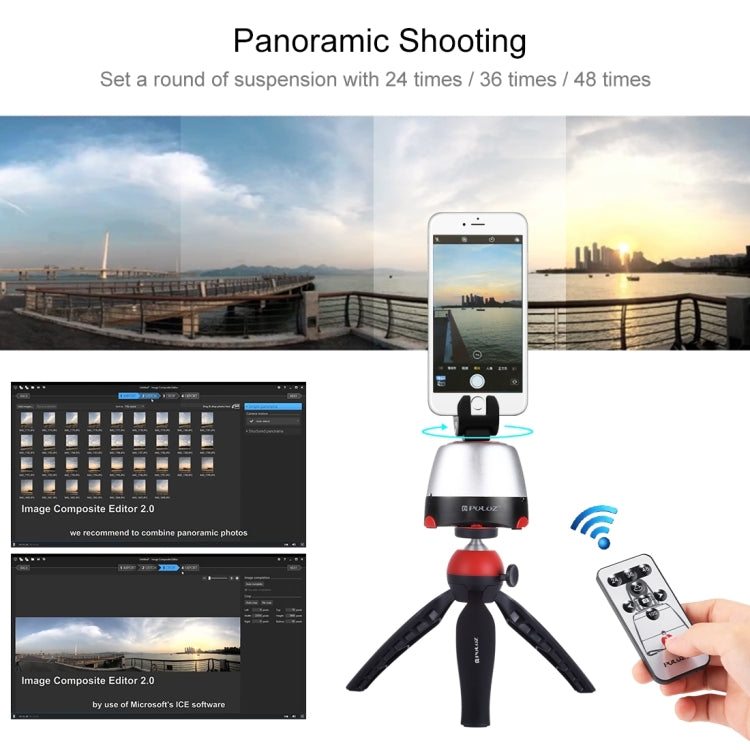 PULUZ Testa panoramica elettronica con rotazione di 360 gradi + Supporto per treppiede + Morsetto GoPro + Morsetto per telefono con telecomando per smartphone, GoPro, fotocamere DSLR