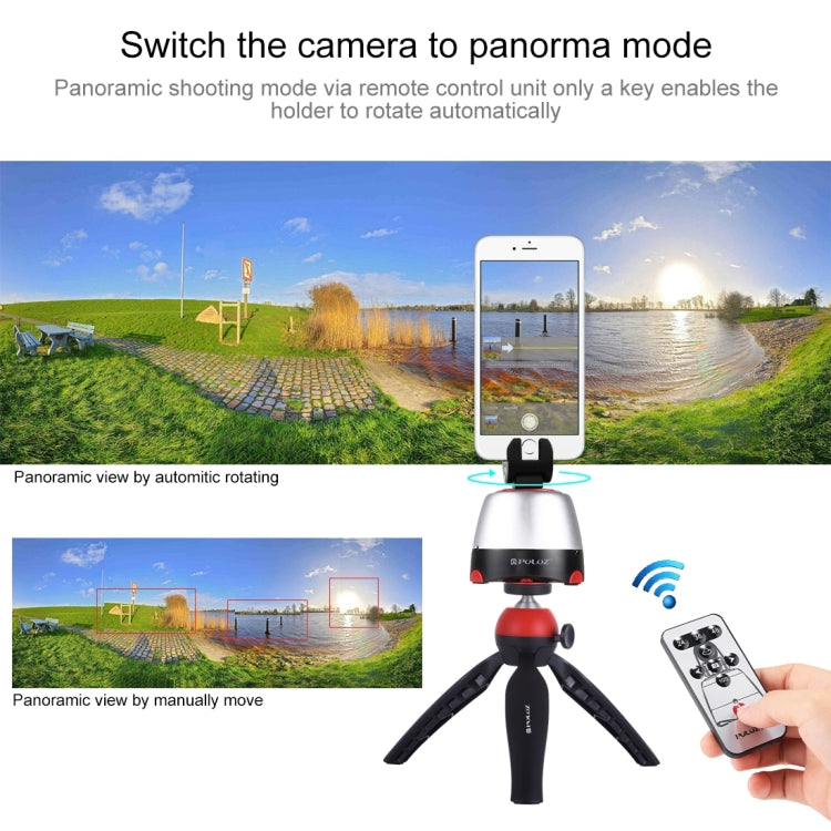 PULUZ Testa panoramica elettronica con rotazione di 360 gradi + Supporto per treppiede + Morsetto GoPro + Morsetto per telefono con telecomando per smartphone, GoPro, fotocamere DSLR