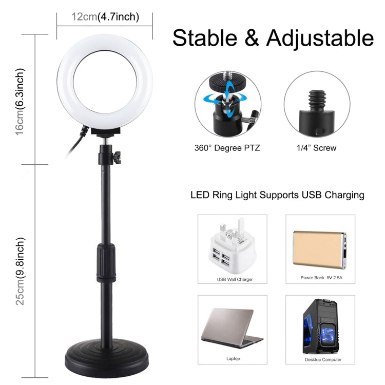 Supporto da tavolo con base rotonda PULUZ + luce video vlogging ad anello LED dimmerabile da 4,7 pollici 12 cm 3 modalità, altezza regolabile: 15,5 cm-25,5 cm, Desktop Mount+4.7 inch