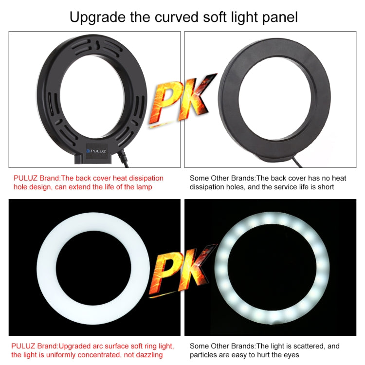 Supporto da tavolo con base rotonda PULUZ + luce video vlogging ad anello LED dimmerabile da 4,7 pollici 12 cm 3 modalità, altezza regolabile: 15,5 cm-25,5 cm, Desktop Mount+4.7 inch