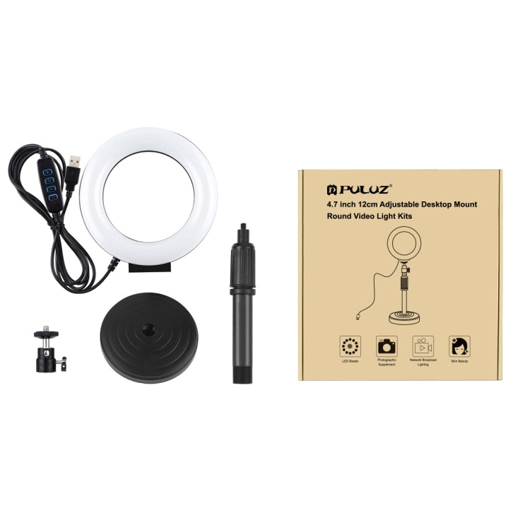 Supporto da tavolo con base rotonda PULUZ + luce video vlogging ad anello LED dimmerabile da 4,7 pollici 12 cm 3 modalità, altezza regolabile: 15,5 cm-25,5 cm, Desktop Mount+4.7 inch