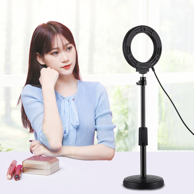 Supporto da tavolo con base rotonda PULUZ + luce video vlogging ad anello LED dimmerabile da 4,7 pollici 12 cm 3 modalità, altezza regolabile: 15,5 cm-25,5 cm, Desktop Mount+4.7 inch