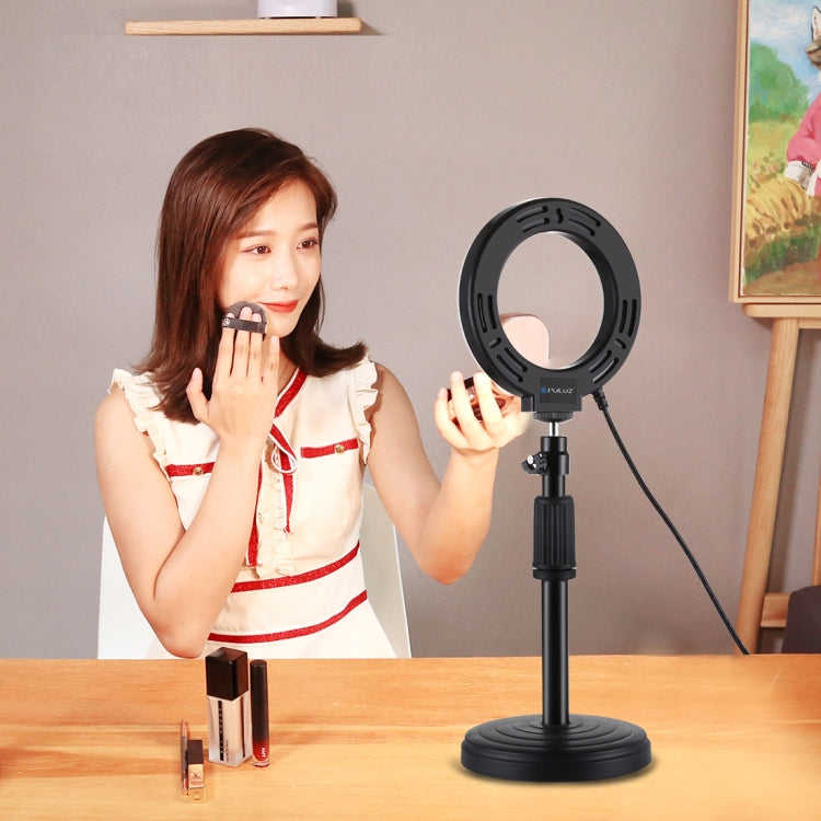 Supporto da tavolo con base rotonda PULUZ + luce video vlogging ad anello LED dimmerabile da 4,7 pollici 12 cm 3 modalità, altezza regolabile: 15,5 cm-25,5 cm, Desktop Mount+4.7 inch