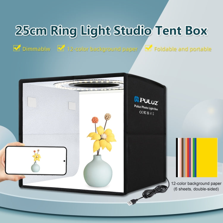 PULUZ 25 cm pieghevole portatile alta 97 CRI luce anulare illuminazione fotografica studio tenda da tiro con 12 colori fondali, dimensioni: 25 cm x 25 cm x 25 cm, 25cm High CRI Box