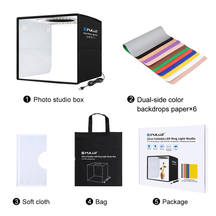 PULUZ 25 cm pieghevole portatile alta 97 CRI luce anulare illuminazione fotografica studio tenda da tiro con 12 colori fondali, dimensioni: 25 cm x 25 cm x 25 cm, 25cm High CRI Box