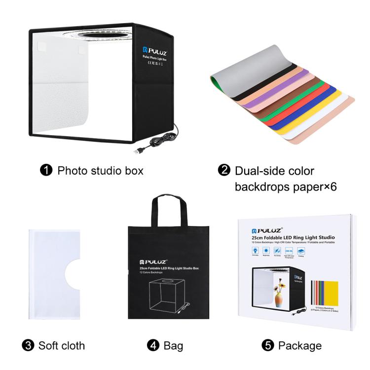 PULUZ 25 cm pieghevole portatile alta 97 CRI luce anulare illuminazione fotografica studio tenda da tiro con 12 colori fondali, dimensioni: 25 cm x 25 cm x 25 cm, 25cm High CRI Box