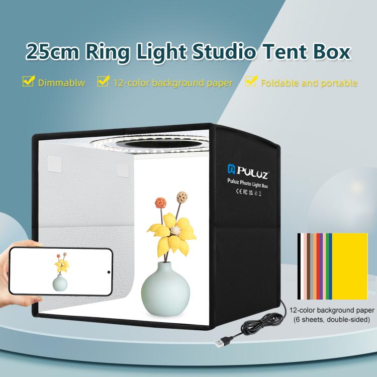 PULUZ 25 cm pieghevole portatile alta 97 CRI luce anulare illuminazione fotografica studio tenda da tiro con 12 colori fondali, dimensioni: 25 cm x 25 cm x 25 cm, 25cm High CRI Box