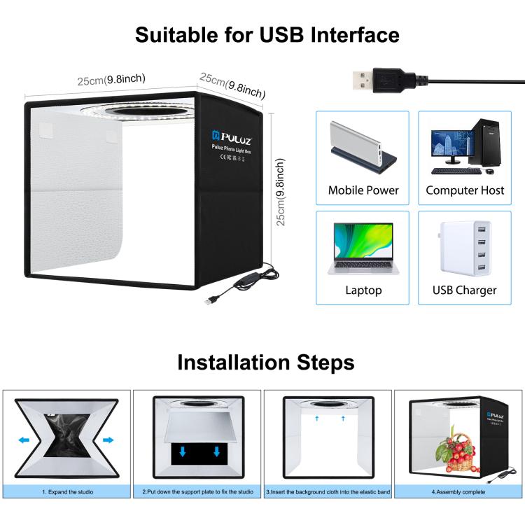 PULUZ 25 cm Pieghevole Portatile 3 Modalità Doppia Temperatura di Colore Anello di Luce Illuminazione Fotografica Tenda da Studio con 6 Fondali Colorati su Doppio Lato, Dimensioni: 25 cm x 25 cm x 25 cm, 25cm 3 Color Temp. Box Black