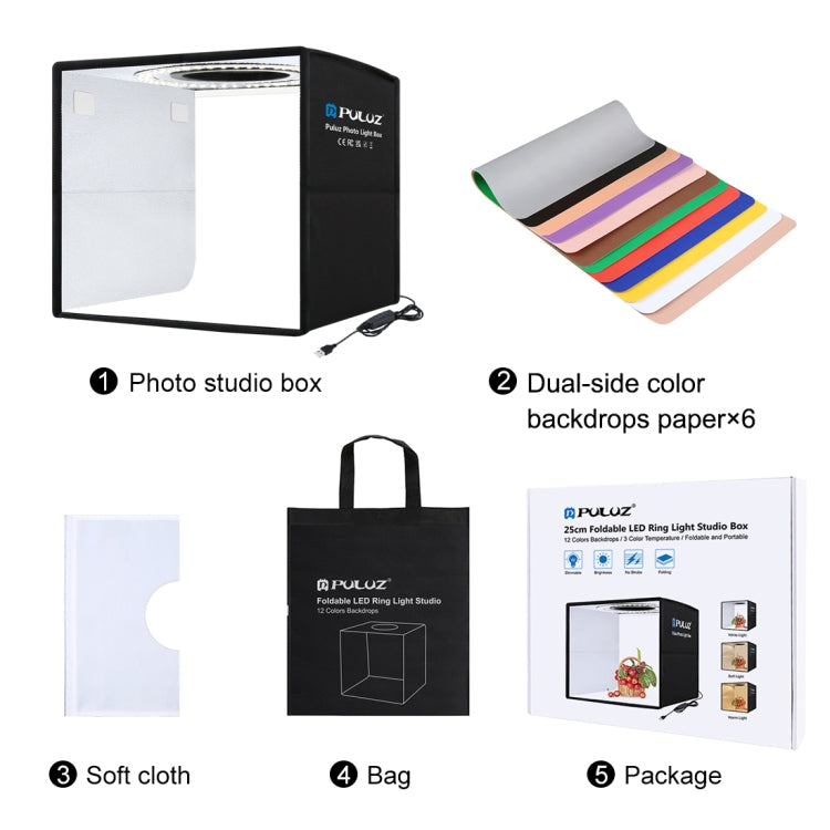 PULUZ 25 cm Pieghevole Portatile 3 Modalità Doppia Temperatura di Colore Anello di Luce Illuminazione Fotografica Tenda da Studio con 6 Fondali Colorati su Doppio Lato, Dimensioni: 25 cm x 25 cm x 25 cm, 25cm 3 Color Temp. Box Black