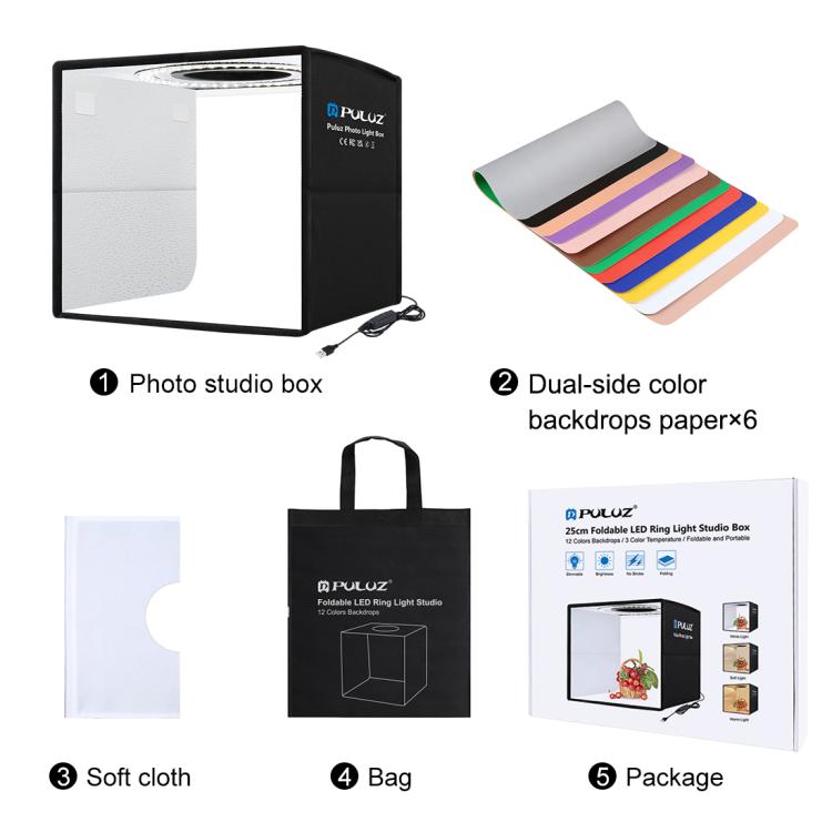 PULUZ 25 cm Pieghevole Portatile 3 Modalità Doppia Temperatura di Colore Anello di Luce Illuminazione Fotografica Tenda da Studio con 6 Fondali Colorati su Doppio Lato, Dimensioni: 25 cm x 25 cm x 25 cm, 25cm 3 Color Temp. Box Black