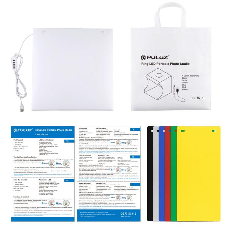 PULUZ 30 cm pieghevole portatile pannello luminoso ad anello illuminazione fotografica studio tenda da tiro kit con 6 colori fondali (nero, bianco, giallo, rosso, verde, blu), dimensioni da aperto: 31 cm x 31 cm x 32 cm