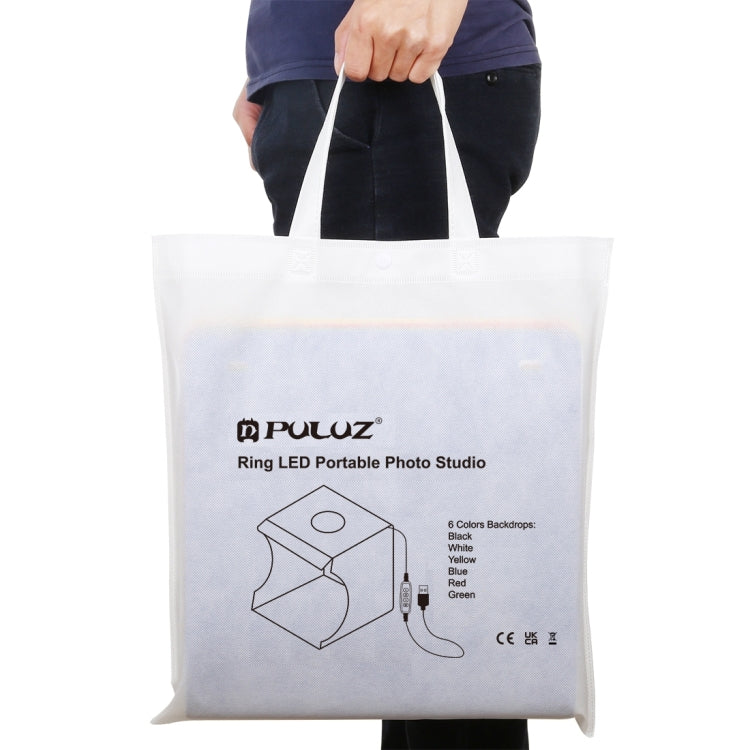 PULUZ 30 cm pieghevole portatile pannello luminoso ad anello illuminazione fotografica studio tenda da tiro kit con 6 colori fondali (nero, bianco, giallo, rosso, verde, blu), dimensioni da aperto: 31 cm x 31 cm x 32 cm