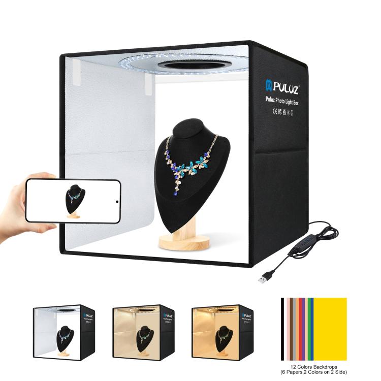 PULUZ 40 cm Pieghevole Luce Anulare Portatile USB Illuminazione Fotografica Tenda da Studio con 6 Fondali Colorati su Doppio Lato, Dimensioni: 40 cm x 40 cm x 40 cm
