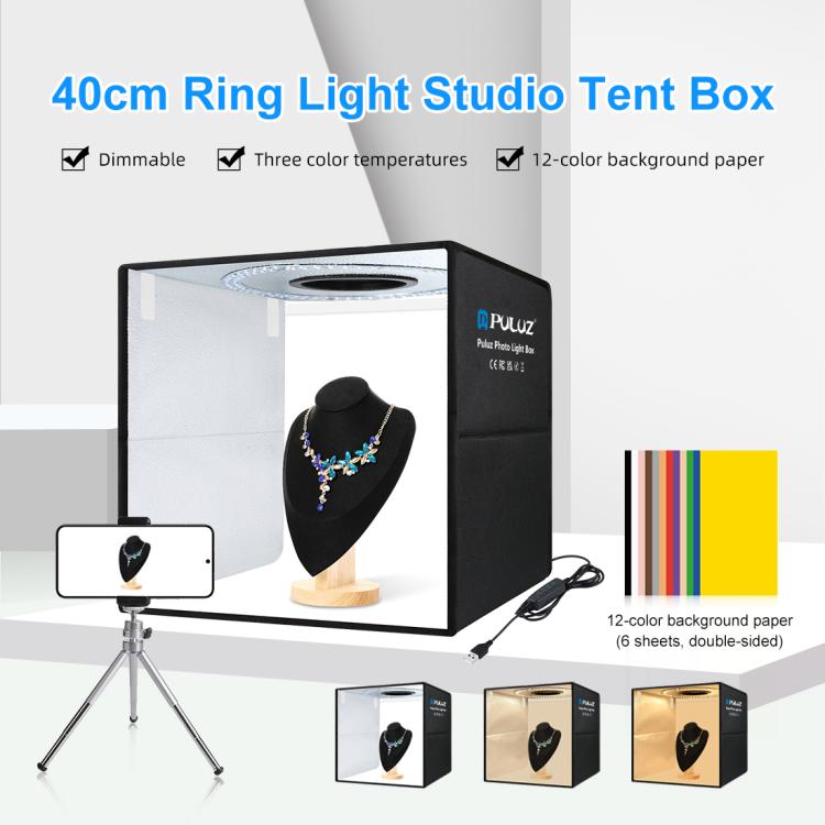 PULUZ 40 cm Pieghevole Luce Anulare Portatile USB Illuminazione Fotografica Tenda da Studio con 6 Fondali Colorati su Doppio Lato, Dimensioni: 40 cm x 40 cm x 40 cm