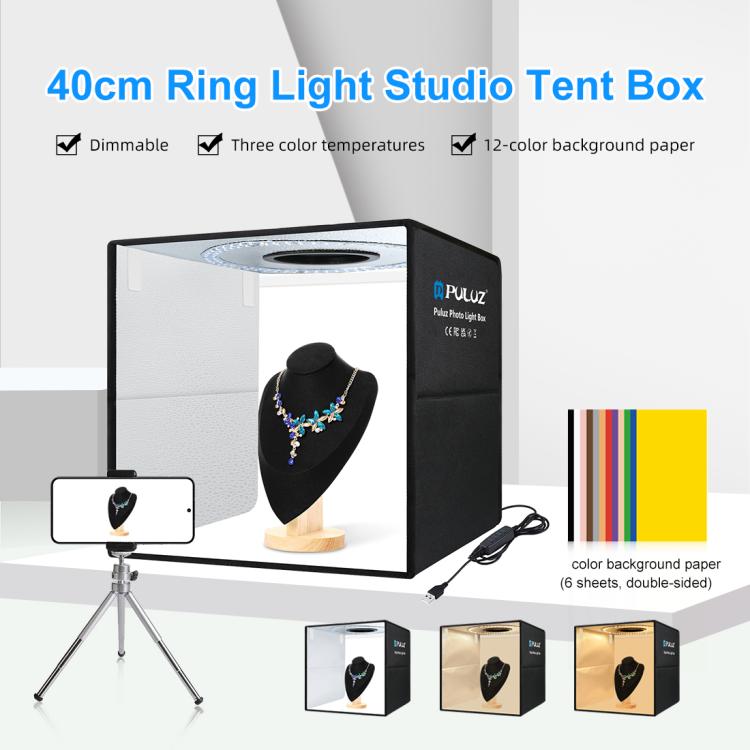 PULUZ 40 cm Pieghevole Luce Anulare Portatile USB Illuminazione Fotografica Tenda da Studio con 6 Fondali Colorati su Doppio Lato, Dimensioni: 40 cm x 40 cm x 40 cm, 40cm