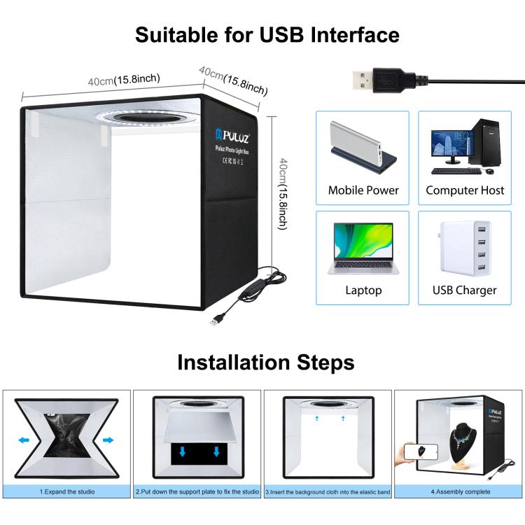 PULUZ 40 cm Pieghevole Luce Anulare Portatile USB Illuminazione Fotografica Tenda da Studio con 6 Fondali Colorati su Doppio Lato, Dimensioni: 40 cm x 40 cm x 40 cm