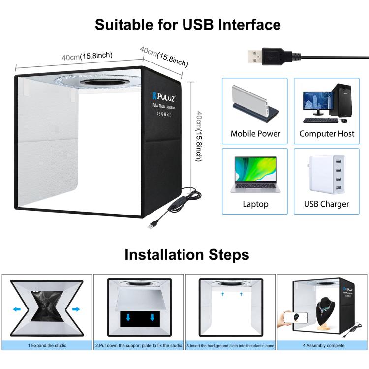 PULUZ 40 cm Pieghevole Luce Anulare Portatile USB Illuminazione Fotografica Tenda da Studio con 6 Fondali Colorati su Doppio Lato, Dimensioni: 40 cm x 40 cm x 40 cm, 40cm