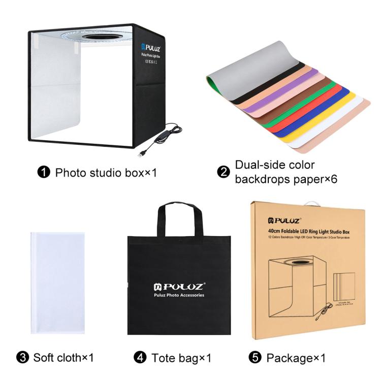 PULUZ 40 cm Pieghevole Luce Anulare Portatile USB Illuminazione Fotografica Tenda da Studio con 6 Fondali Colorati su Doppio Lato, Dimensioni: 40 cm x 40 cm x 40 cm