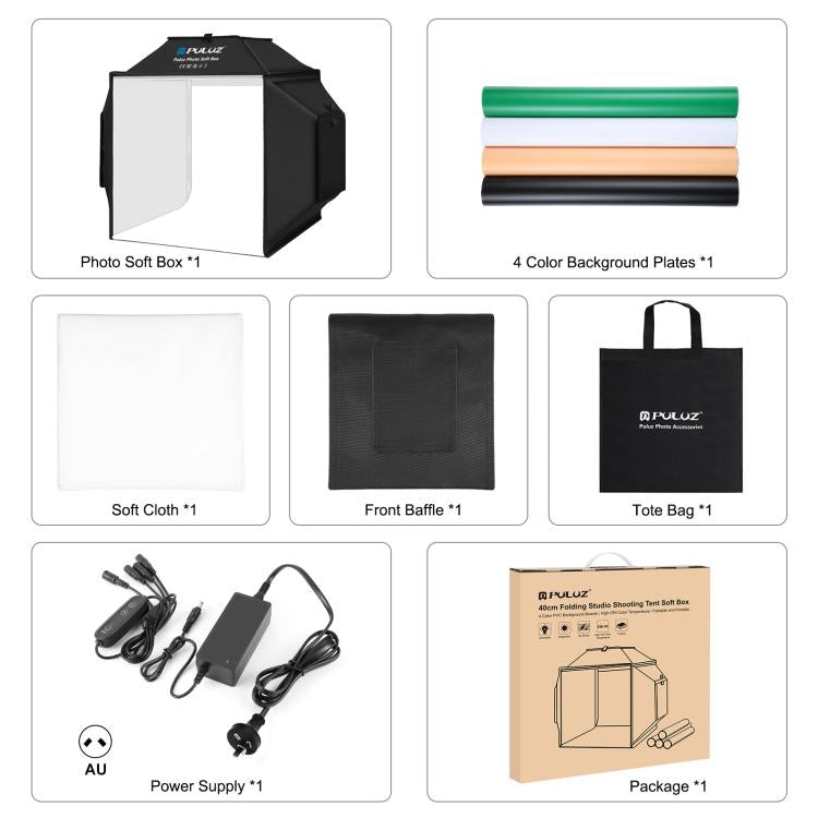 PULUZ 40 cm Pieghevole 72 W 5500 K Tenda da studio Soft Box Kit di illuminazione fotografica con 4 colori (Nero, Arancione, Bianco, Verde) Fondali, 40cm Folding 72W(AU Plug), 40cm Folding 72W(EU Plug), 40cm Folding 72W(UK Plug), 40cm Folding 72W(US Plug)