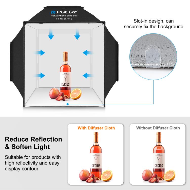 PULUZ 40 cm Pieghevole 72 W 5500 K Tenda da studio Soft Box Kit di illuminazione fotografica con 4 colori (Nero, Arancione, Bianco, Verde) Fondali, 40cm Folding 72W(AU Plug), 40cm Folding 72W(EU Plug), 40cm Folding 72W(UK Plug), 40cm Folding 72W(US Plug)