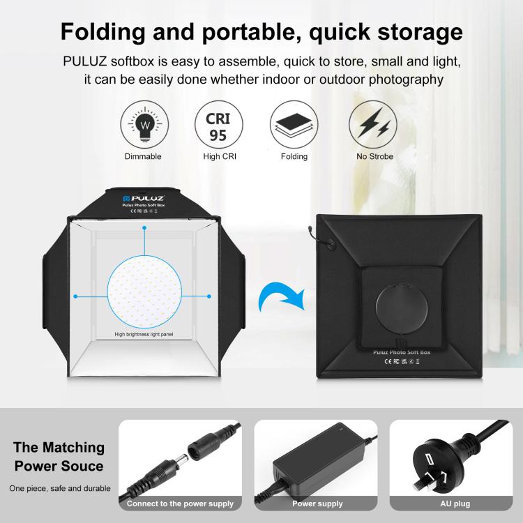PULUZ 40 cm Pieghevole 72 W 5500 K Tenda da studio Soft Box Kit di illuminazione fotografica con 4 colori (Nero, Arancione, Bianco, Verde) Fondali, 40cm Folding 72W(AU Plug), 40cm Folding 72W(EU Plug), 40cm Folding 72W(UK Plug), 40cm Folding 72W(US Plug)