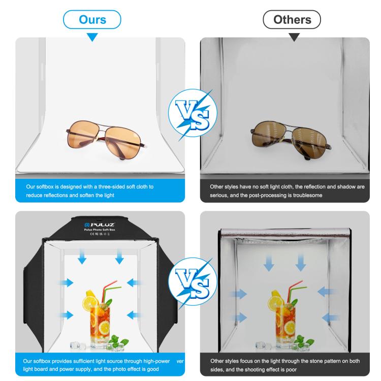 PULUZ 40 cm Pieghevole 72 W 5500 K Tenda da studio Soft Box Kit di illuminazione fotografica con 4 colori (Nero, Arancione, Bianco, Verde) Fondali, 40cm Folding 72W(AU Plug), 40cm Folding 72W(EU Plug), 40cm Folding 72W(UK Plug), 40cm Folding 72W(US Plug)