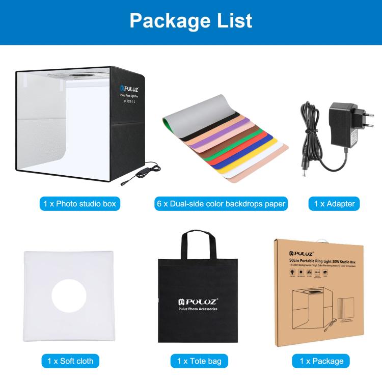 PULUZ Anello luminoso portatile pieghevole da 50 cm PD30W Ricarica rapida USB Illuminazione fotografica Tenda da studio con 6 fondali bifacciali, Dimensioni: 50 cm x 50 cm x 50 cm