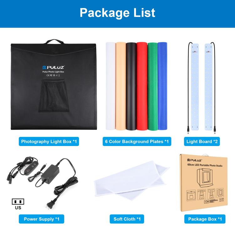 PULUZ Photo Studio Light Box Tenda portatile 60 x 60 x 60 cm LED 5500K Luce bianca dimmerabile Mini 36W Kit tenda da studio fotografico con 6 fondali rimovibili (Nero Arancione Bianco Verde Blu Rosso)