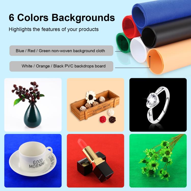 PULUZ Photo Studio Light Box Tenda portatile 60 x 60 x 60 cm LED 5500K Luce bianca dimmerabile Mini 36W Kit tenda da studio fotografico con 6 fondali rimovibili (Nero Arancione Bianco Verde Blu Rosso), 60cm Box(US), 60cm Box(UK), 60cm Box(EU)          ...