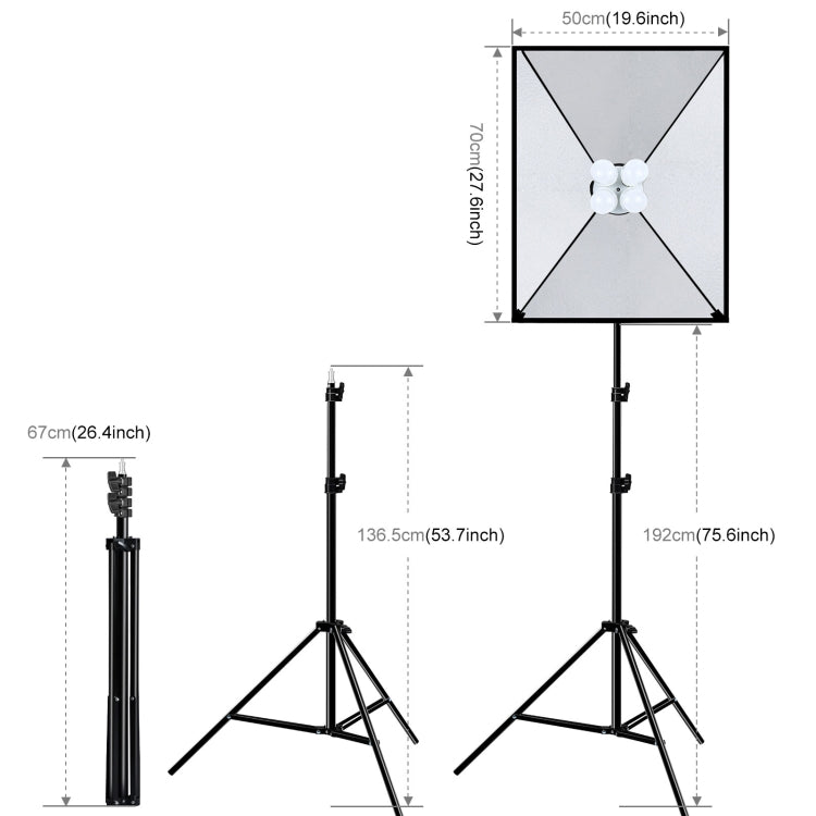 PULUZ Softbox da studio 50x70 cm + supporto per treppiede da 2 m + 4 kit di illuminazione fotografica per lampadine LED E27 24 W 5700 K a luce bianca, 4 x Bulb EU Plug, 4 x Bulb US Plug