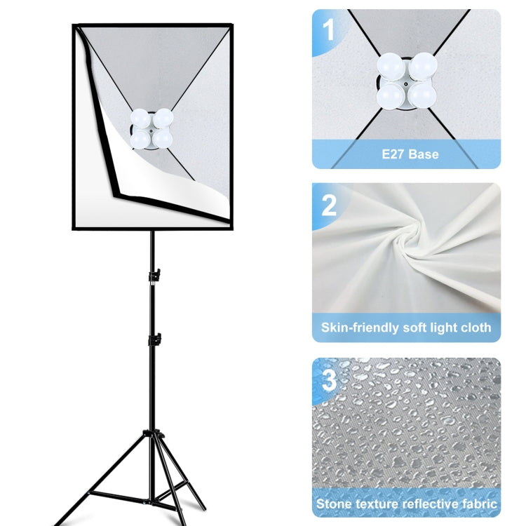 PULUZ Softbox da studio 50x70 cm + supporto per treppiede da 2 m + 4 kit di illuminazione fotografica per lampadine LED E27 24 W 5700 K a luce bianca, 4 x Bulb EU Plug, 4 x Bulb US Plug
