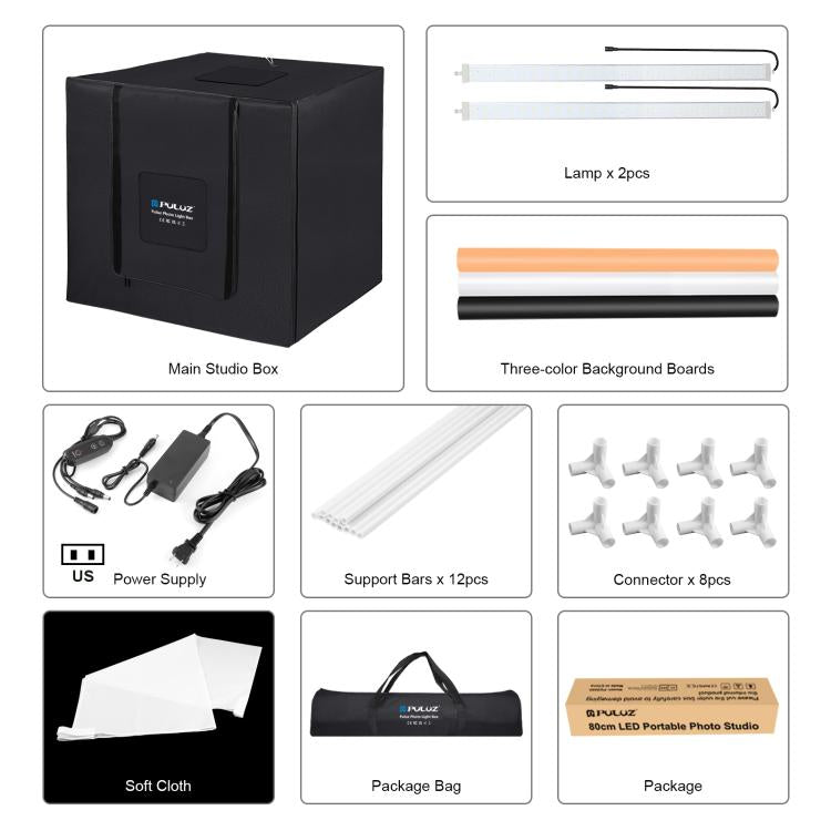 PULUZ 80 cm pieghevole portatile 80 W 9050LM luce bianca illuminazione fotografica studio di ripresa tenda kit con 3 colori (nero, bianco, arancione) fondali, 80cm Box(US), 80cm Box(EU), 80cm Box(AU), 80cm Box(UK)