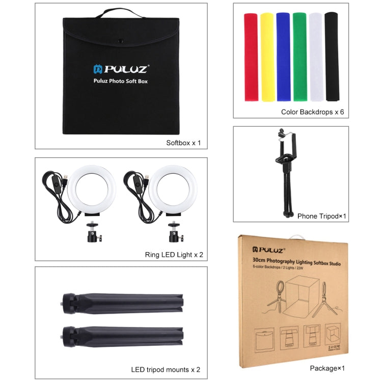 PULUZ 30 cm pieghevole portatile luce anulare illuminazione fotografica studio tenda da tiro kit con 6 colori fondali (nero, bianco, giallo, rosso, verde, blu), dimensioni da aperto: 31 cm x 31 cm x 32 cm, 30cm Box Kit