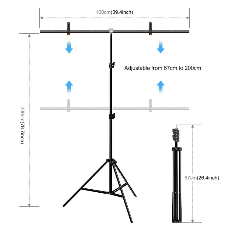 PULUZ 1x2m Kit staffa traversa per fondale per studio fotografico a forma di T, supporto per sfondo con clip, 1 x 2m Bracket Kit