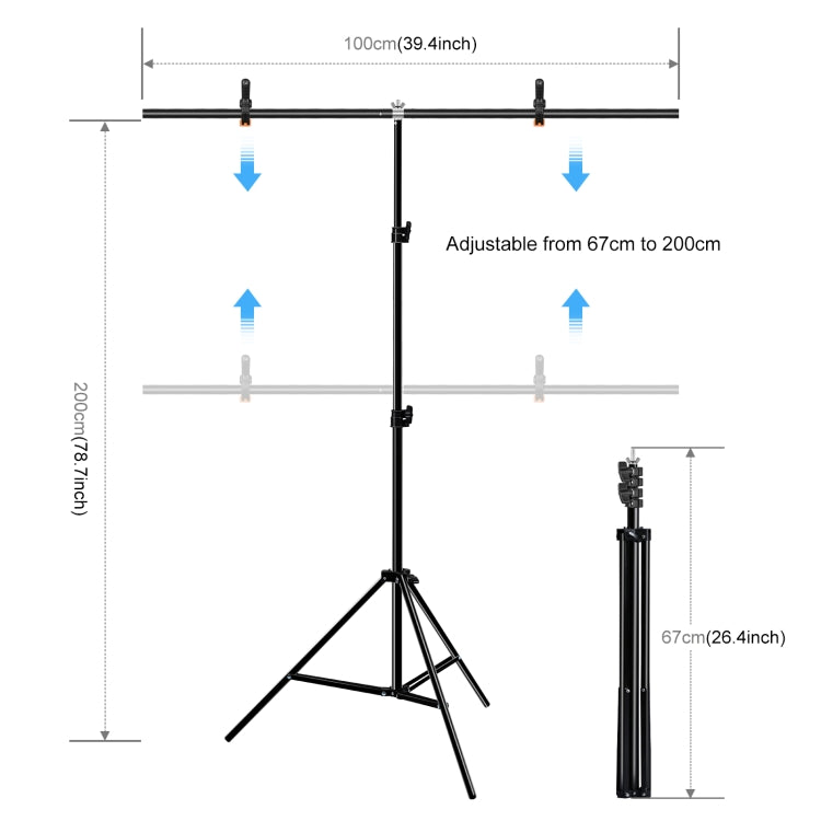 PULUZ 1x2m Kit staffa traversa per fondale per studio fotografico a forma di T, supporto per sfondo con clip, 1 x 2m Bracket Kit